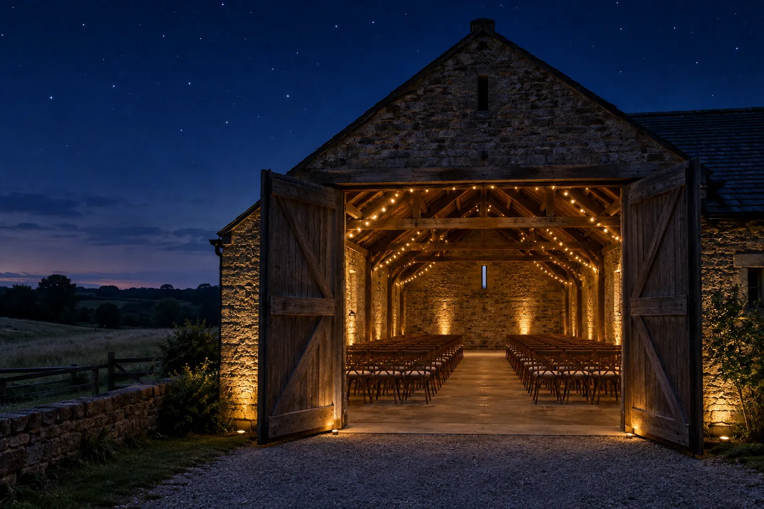 An empty stone barn set for a wedding at dusk, its doors open, warm lights inside and the first stars above.