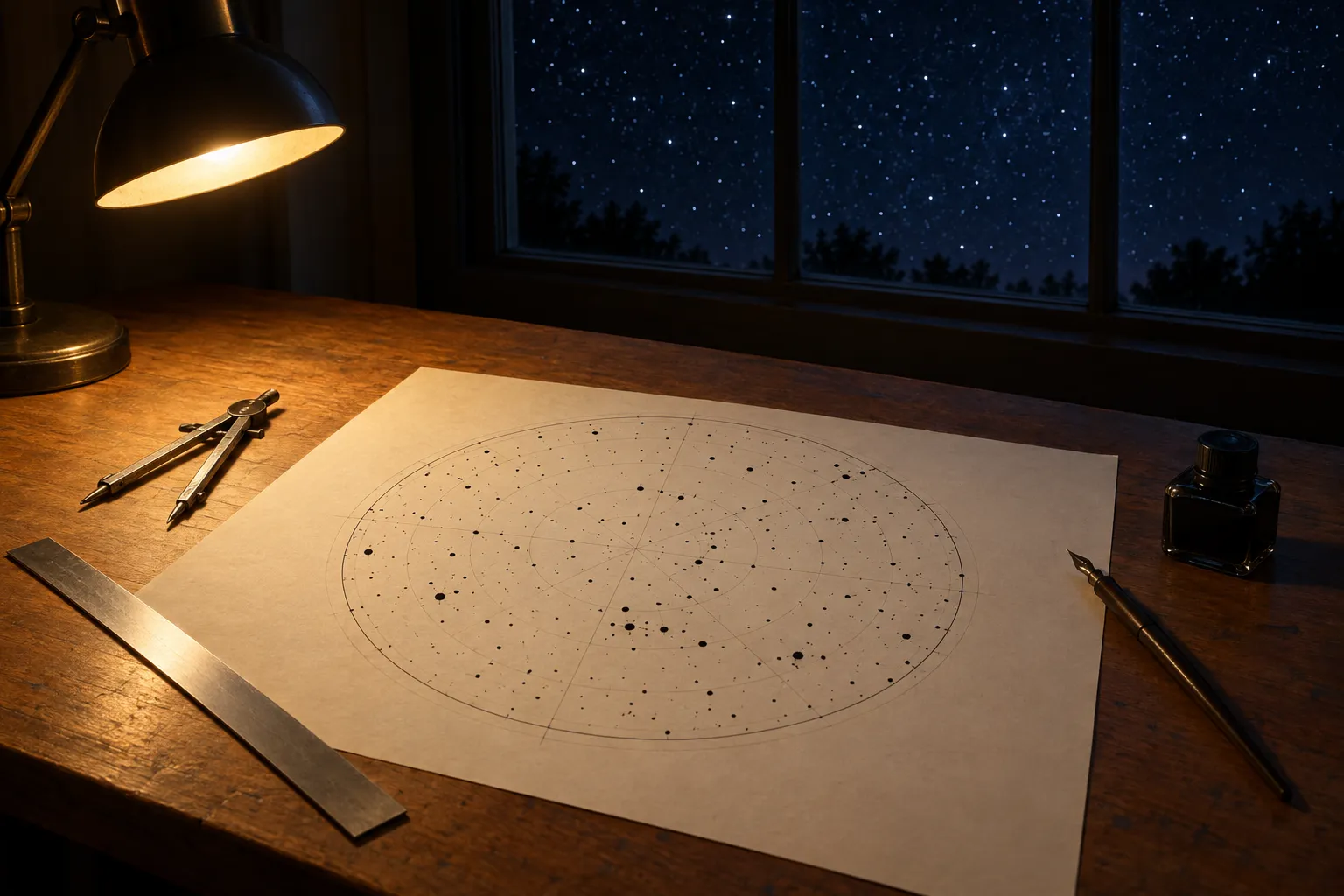 A drawing table at night with a half-inked circular star chart, compasses, a dip pen and ink under a desk lamp.