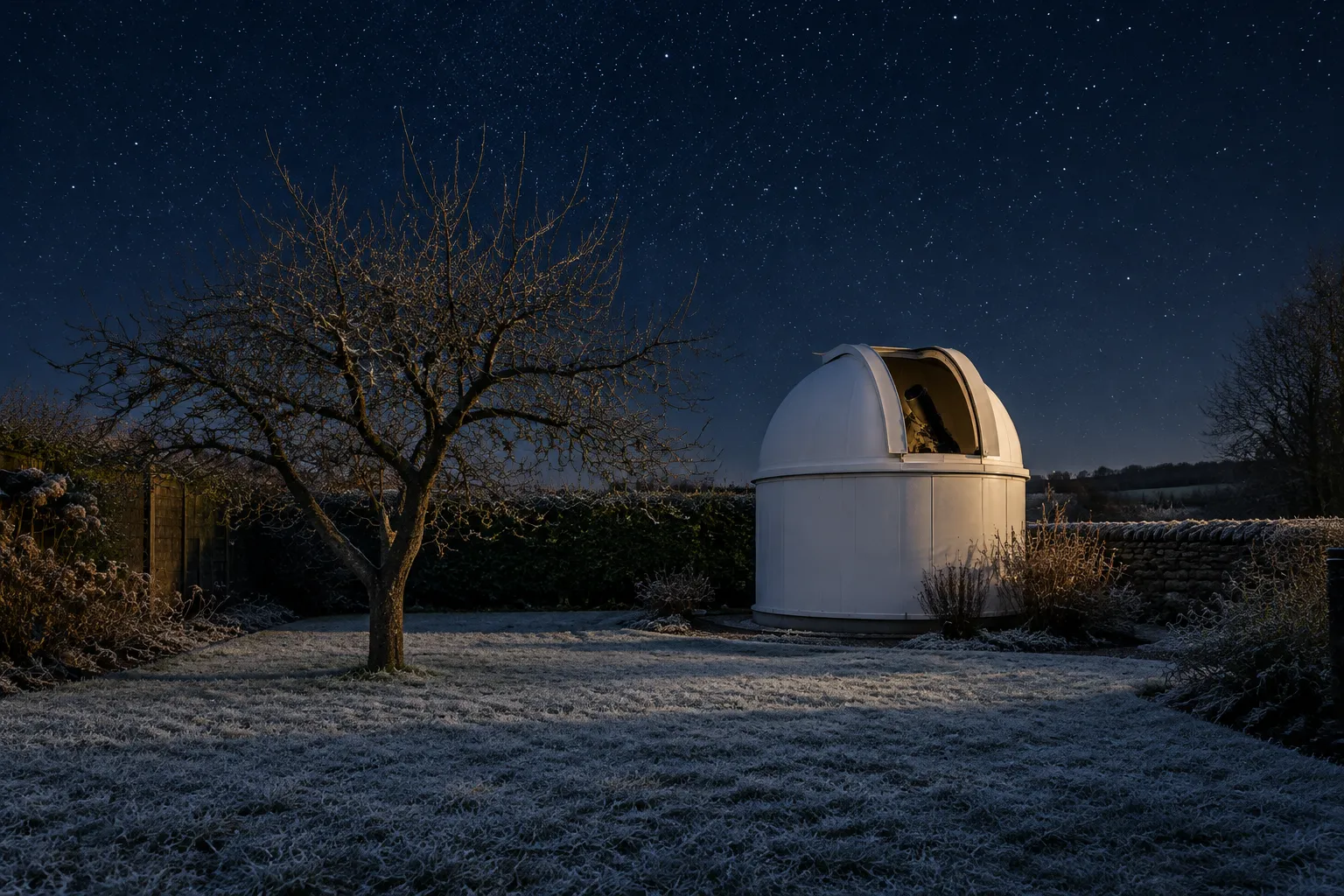 A small dome observatory at the end of a frosty garden, its slit open to a starry winter sky.