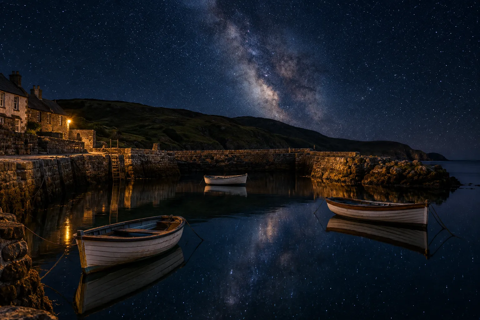 A quiet harbour at night, plain moored boats on still water, the Milky Way rising over the hills behind.