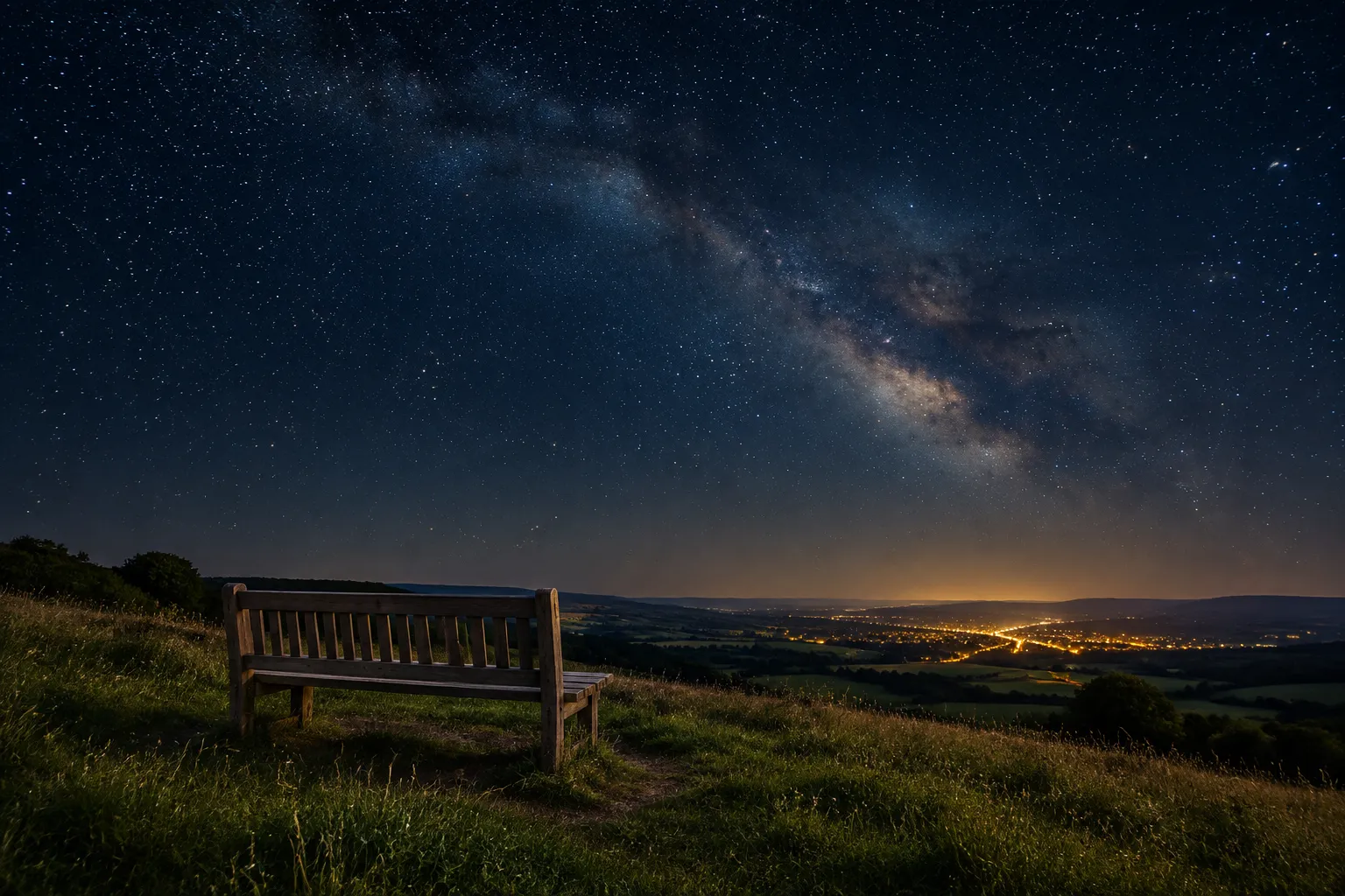 A wooden bench on a grassy hilltop under a sky full of stars, a distant town glowing on the horizon.