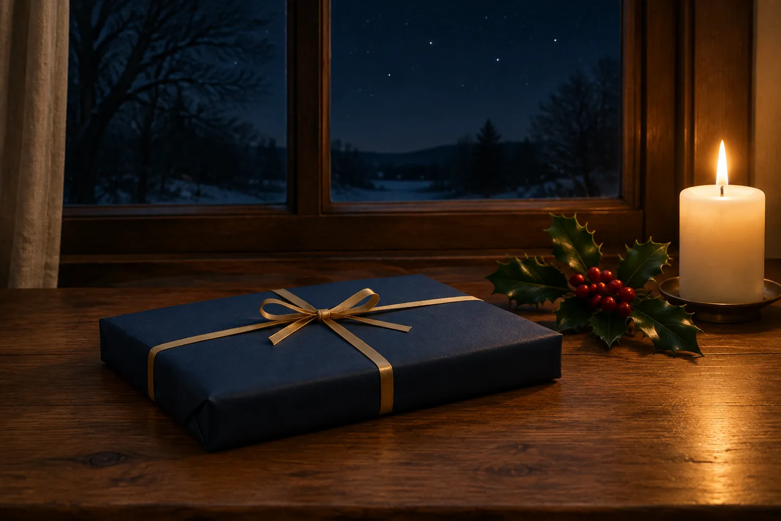 A wrapped flat gift in navy paper and gold ribbon on a table by a candle and holly.
