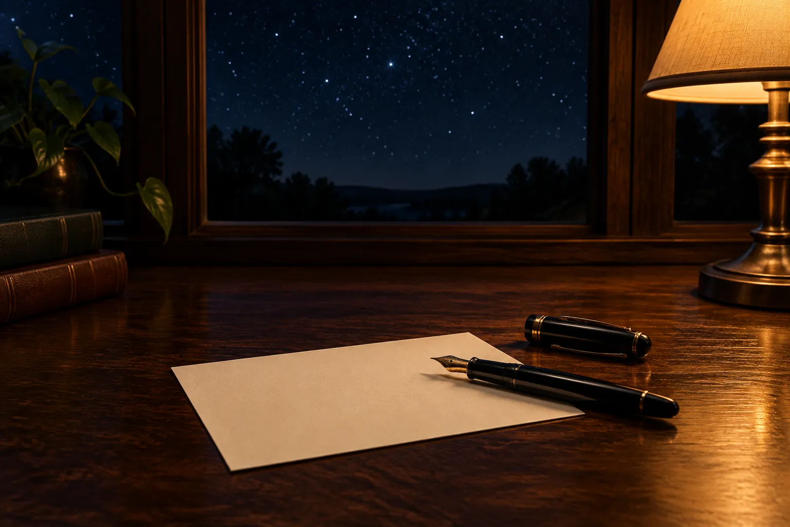 A fountain pen resting on a blank cream card on a desk at night, a starry window behind.