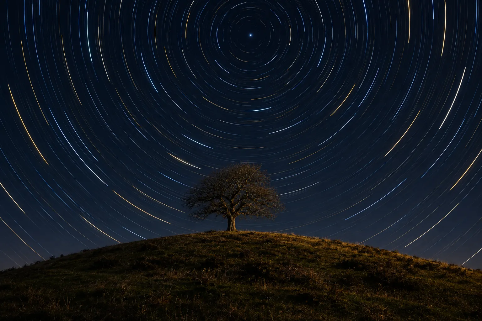 Star trails curving around one point in the northern sky above a dark hill with a single bare tree.