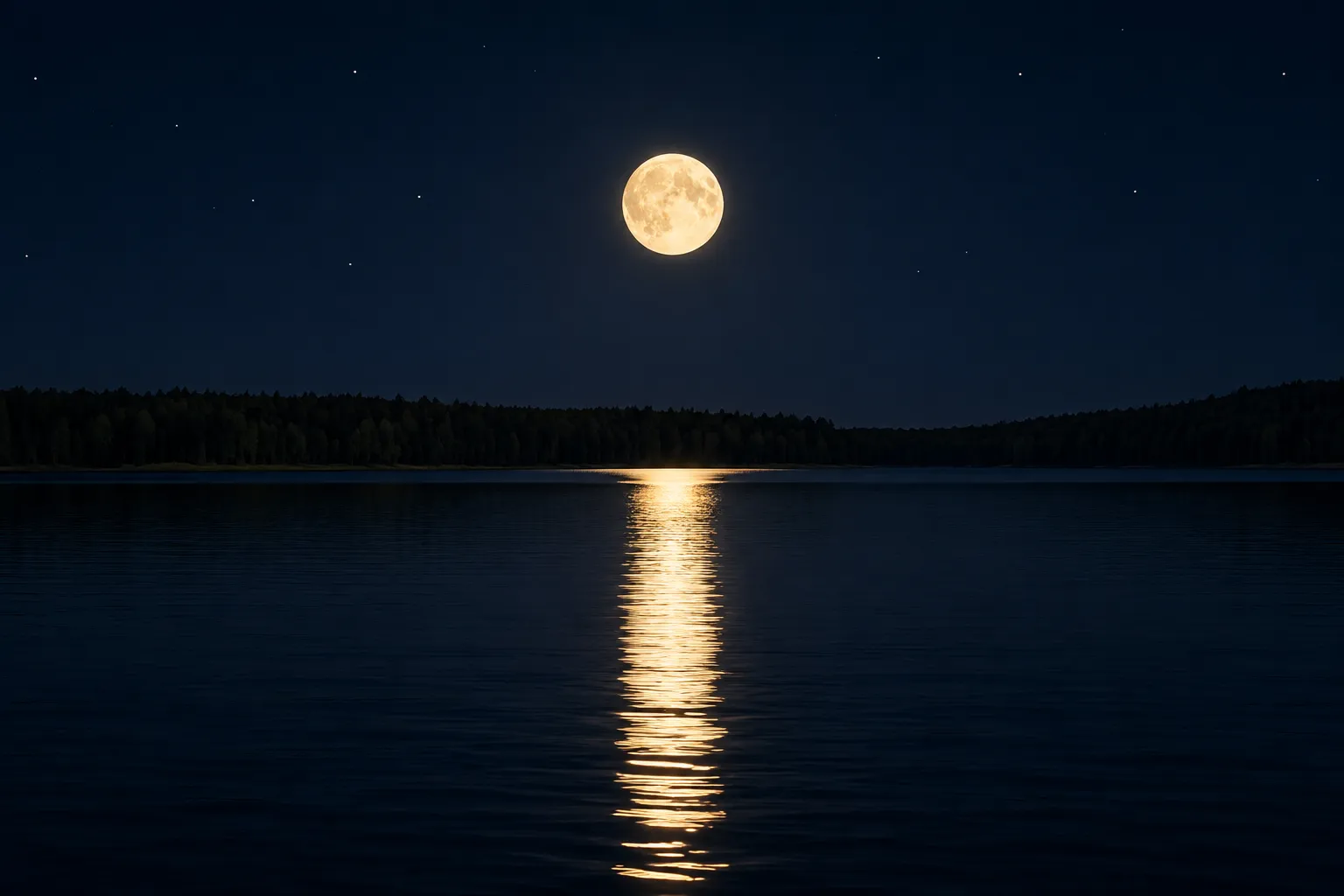 A round full Moon over a still lake, its light reflected in a column on the water.