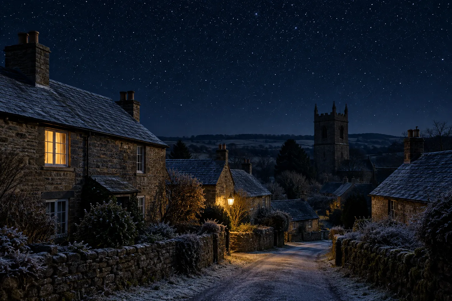 A starry night over a village of stone cottages with a single upstairs window lit.