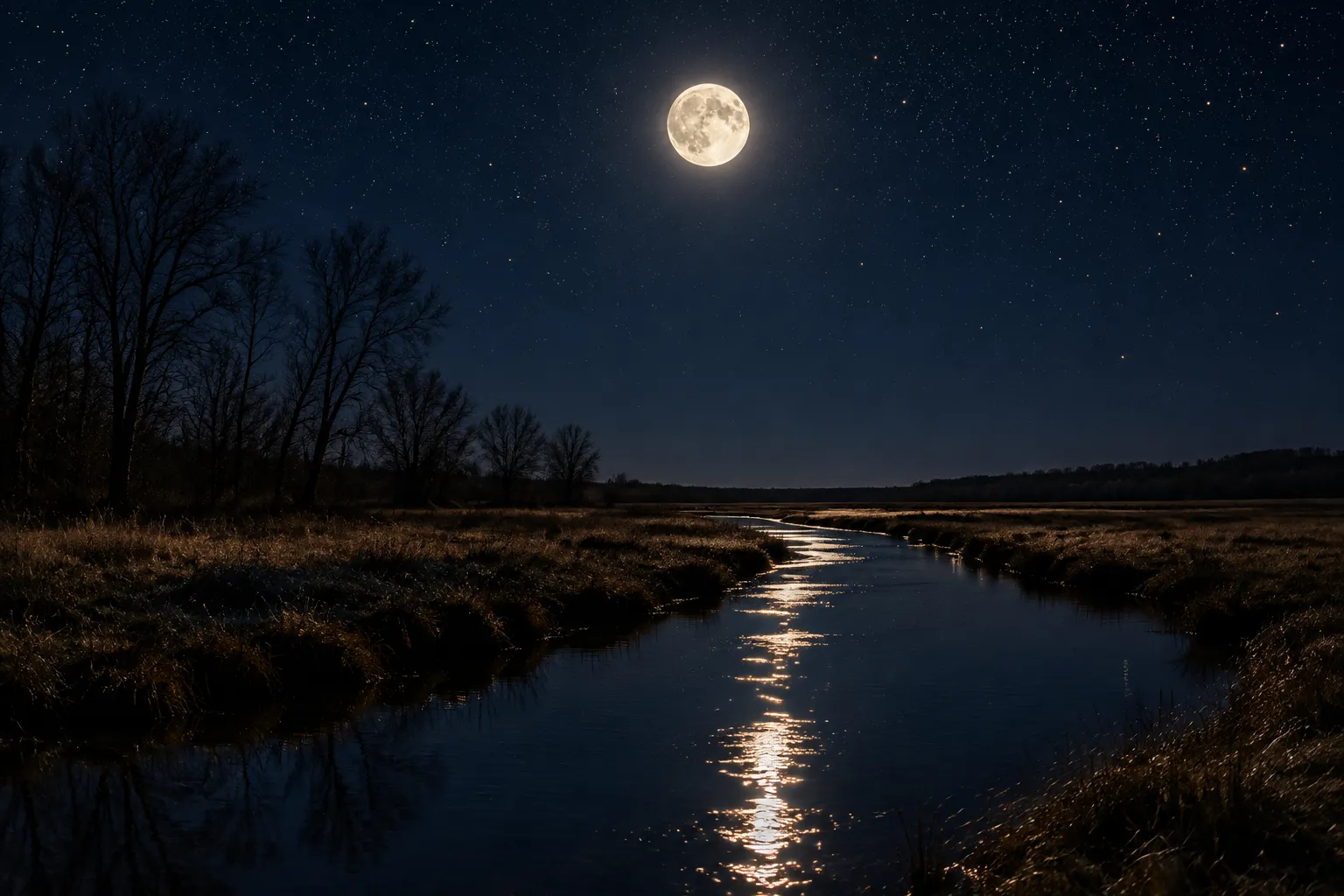 A full Moon high over dark open country, reflected as a broken line of light in a still water channel.