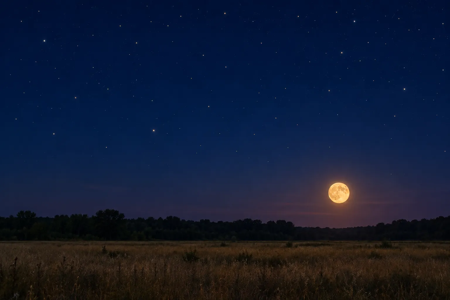 A warm-toned full Moon low in a deep blue July sky over a dry field and distant trees.