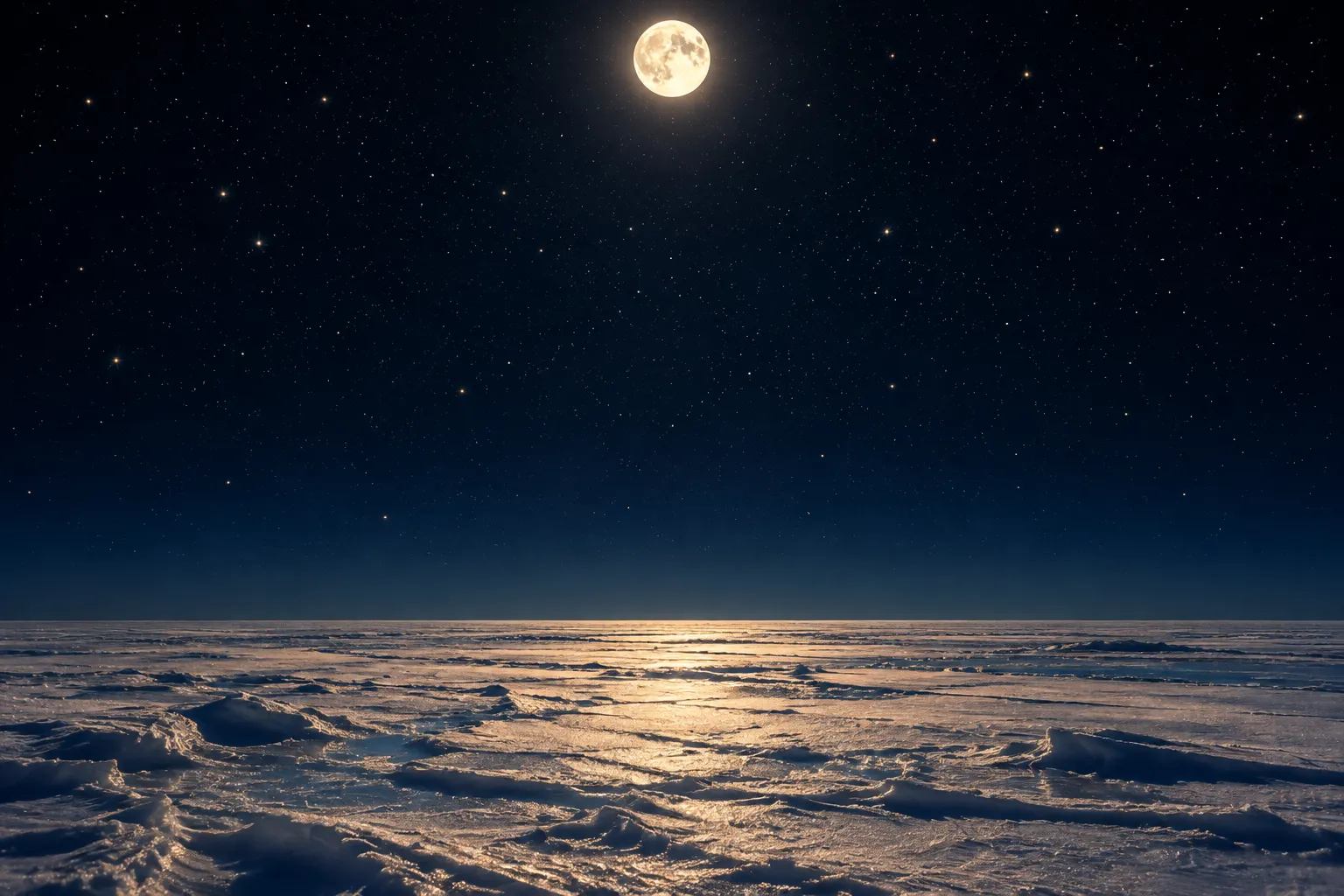 A small bright full Moon high in a deep midwinter sky over frozen open ground.