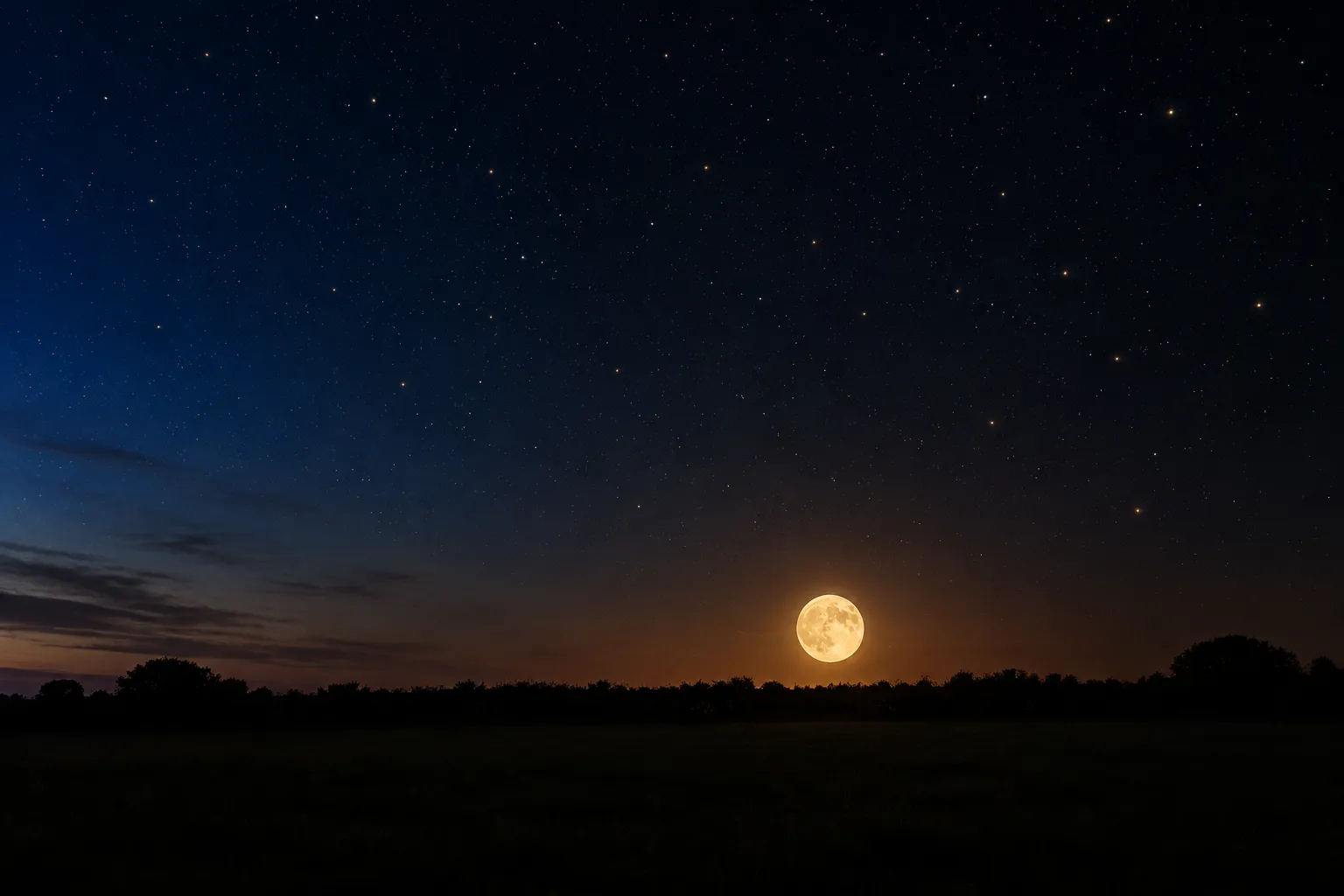 A low warm-toned full Moon just above a dark hedgerow on a late spring night.