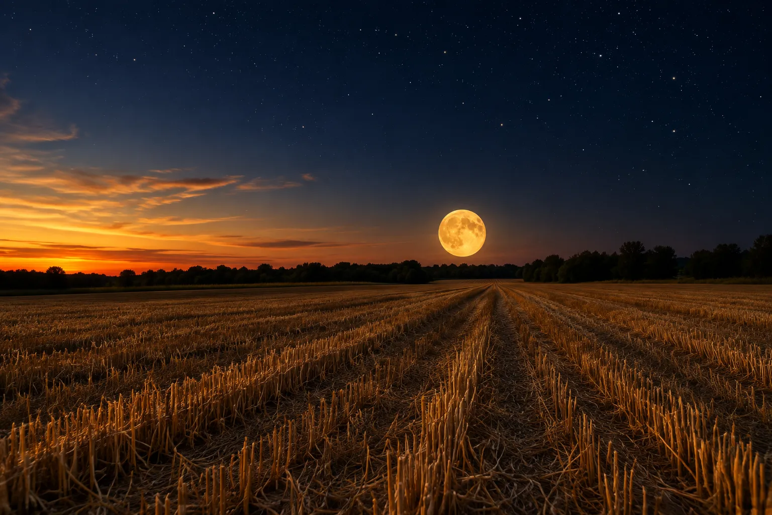 A large golden full Moon rising over a cut stubble field at dusk.