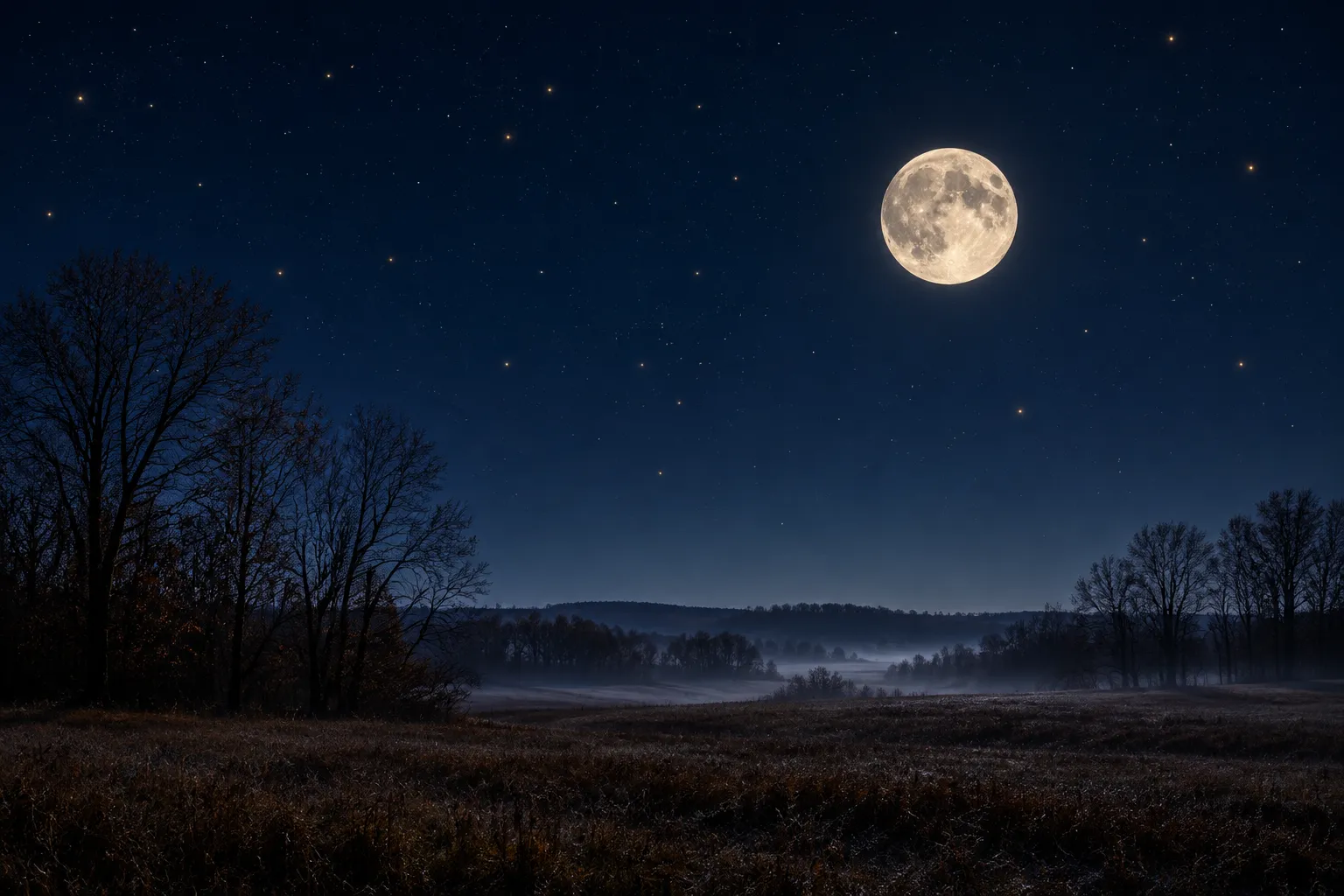A sharp full Moon over bare autumn trees and a misty field.