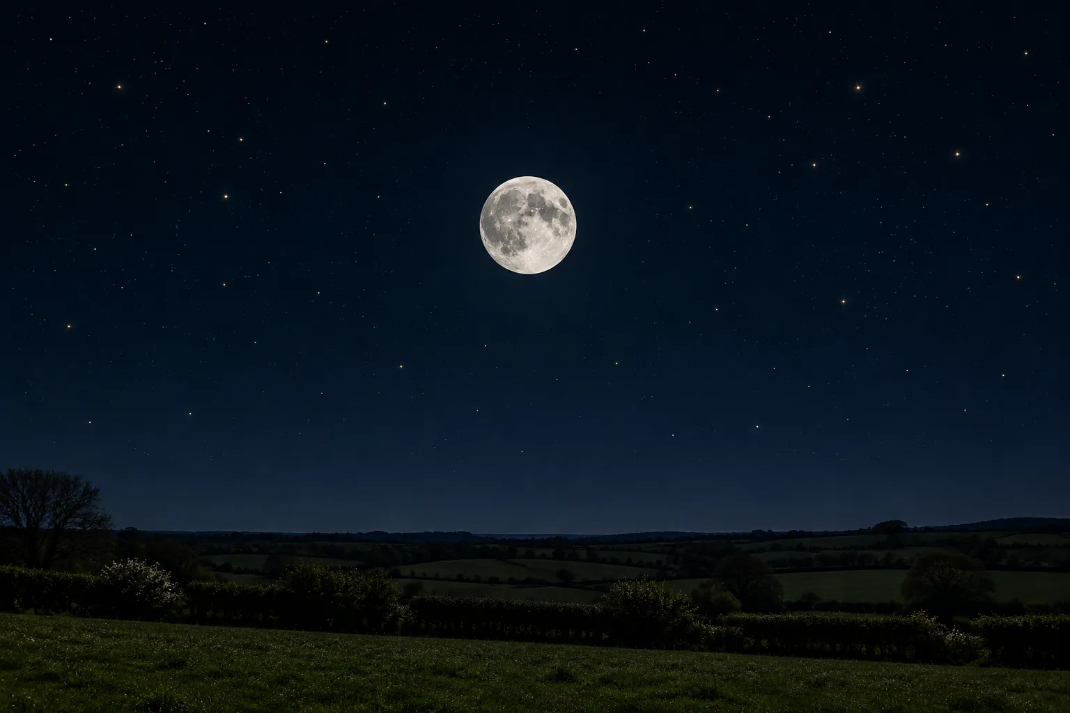 A plain white-grey full Moon over green spring fields and hedges at night.