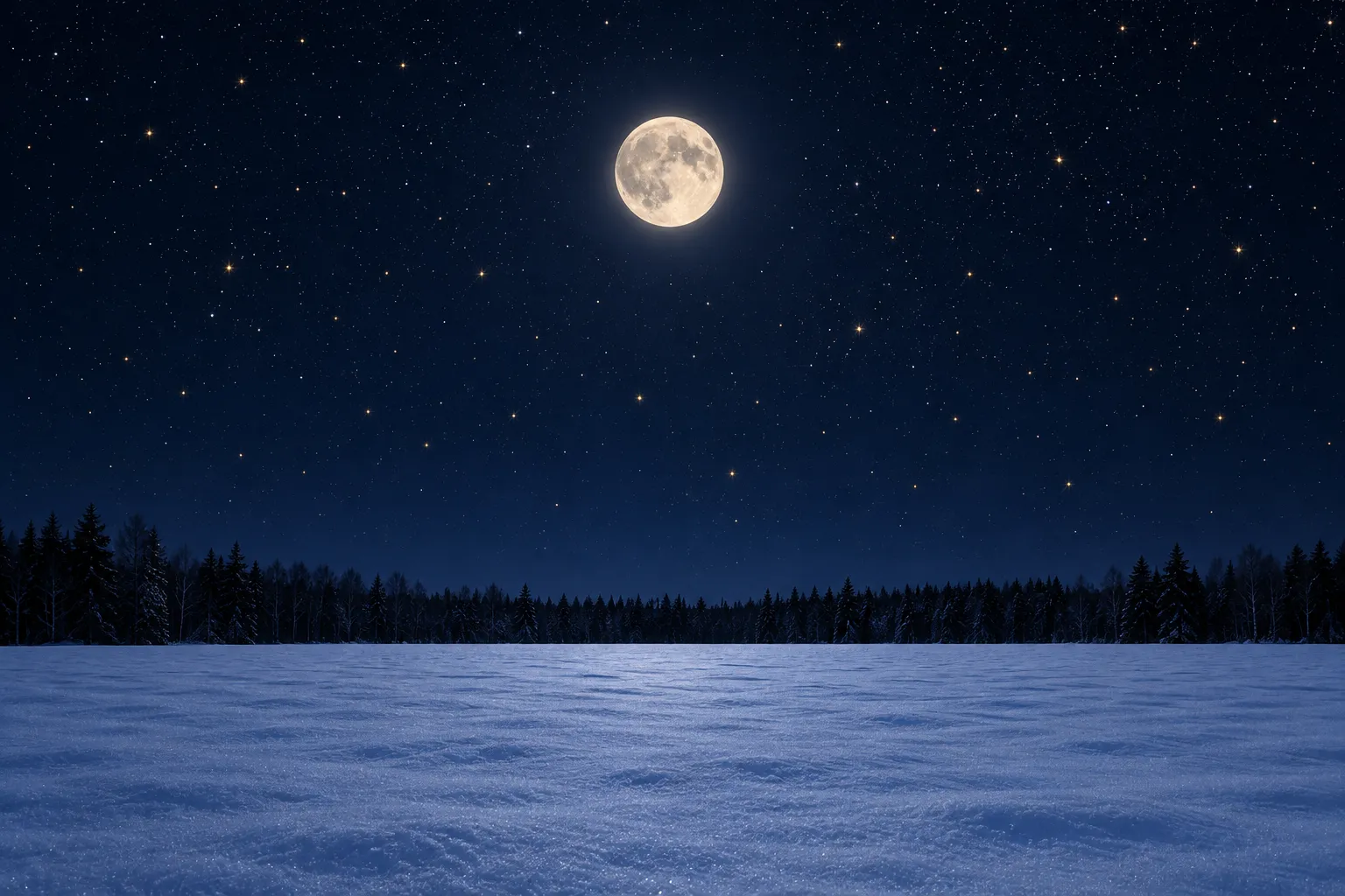 A full Moon high in a clear sky above a snow-covered field and a dark line of trees.