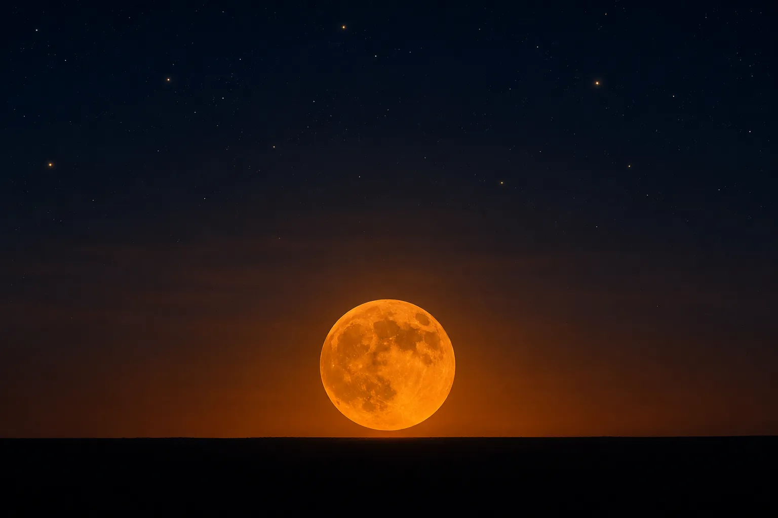 A large amber full Moon sitting just above a flat dark horizon.