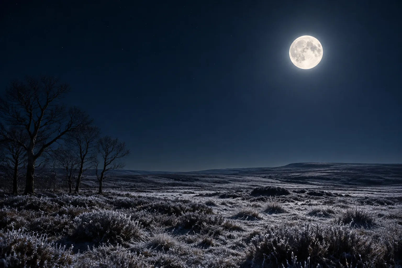 A bright full Moon high over frosted moorland and bare trees on a clear winter night.