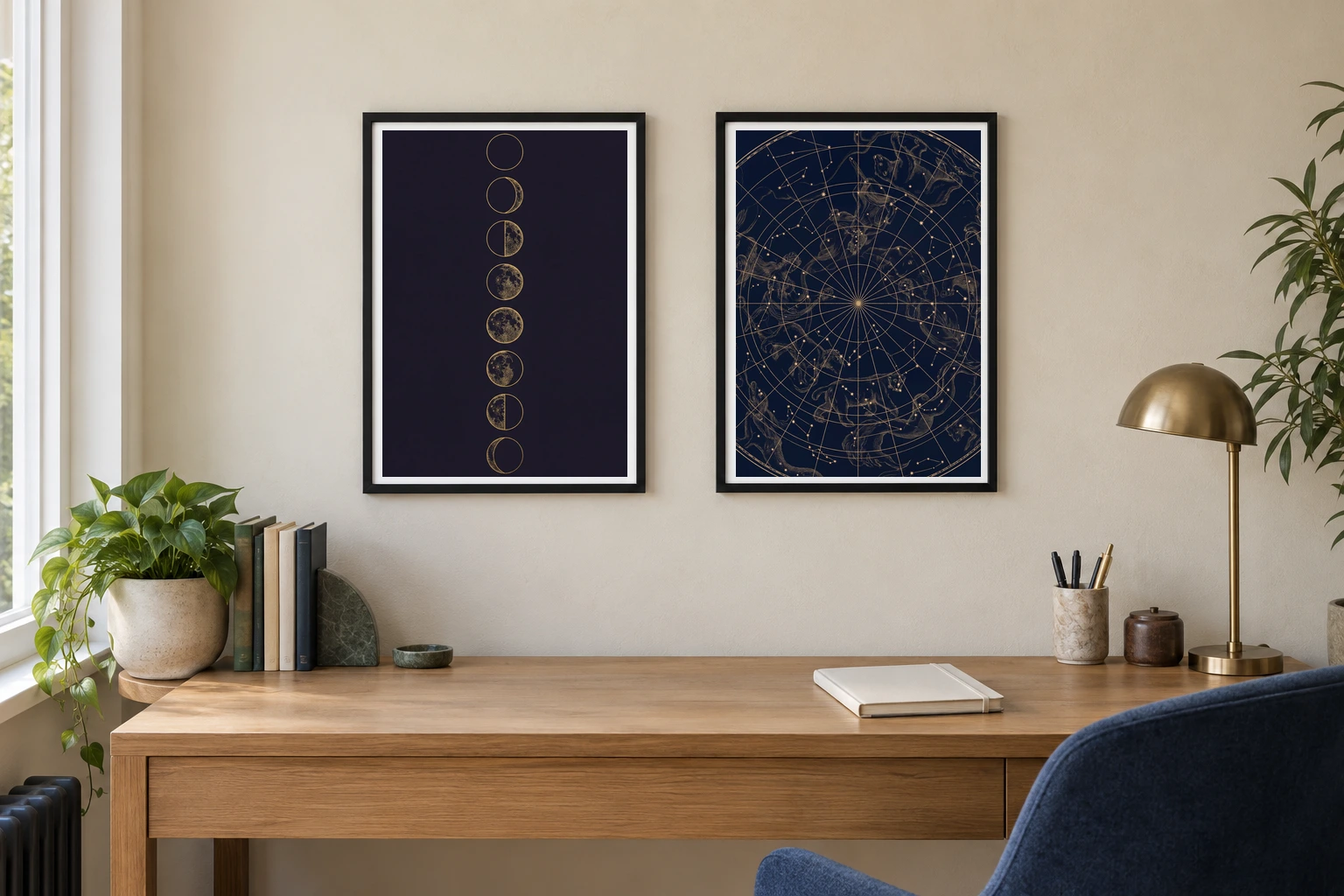 An illustrative home study with Lunar Phases on the left and Northern Constellations on the right in matching black frames above an oak desk.