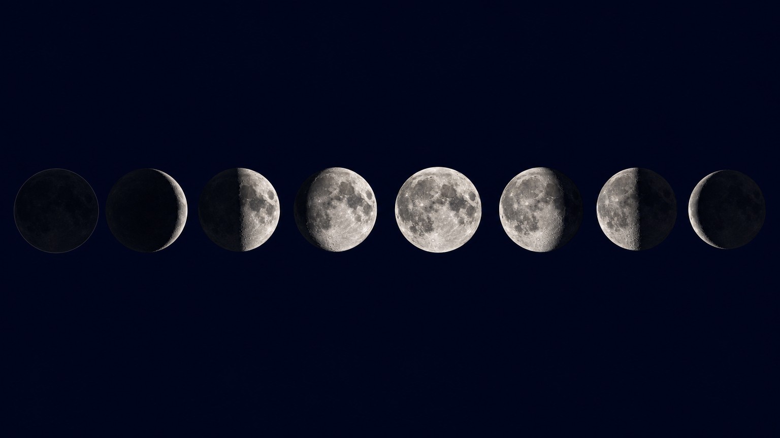 The eight phases of the moon in order, left to right: new moon, waxing crescent, first quarter, waxing gibbous, full moon, waning gibbous, last quarter and waning crescent, each lit from the correct side for the northern hemisphere.