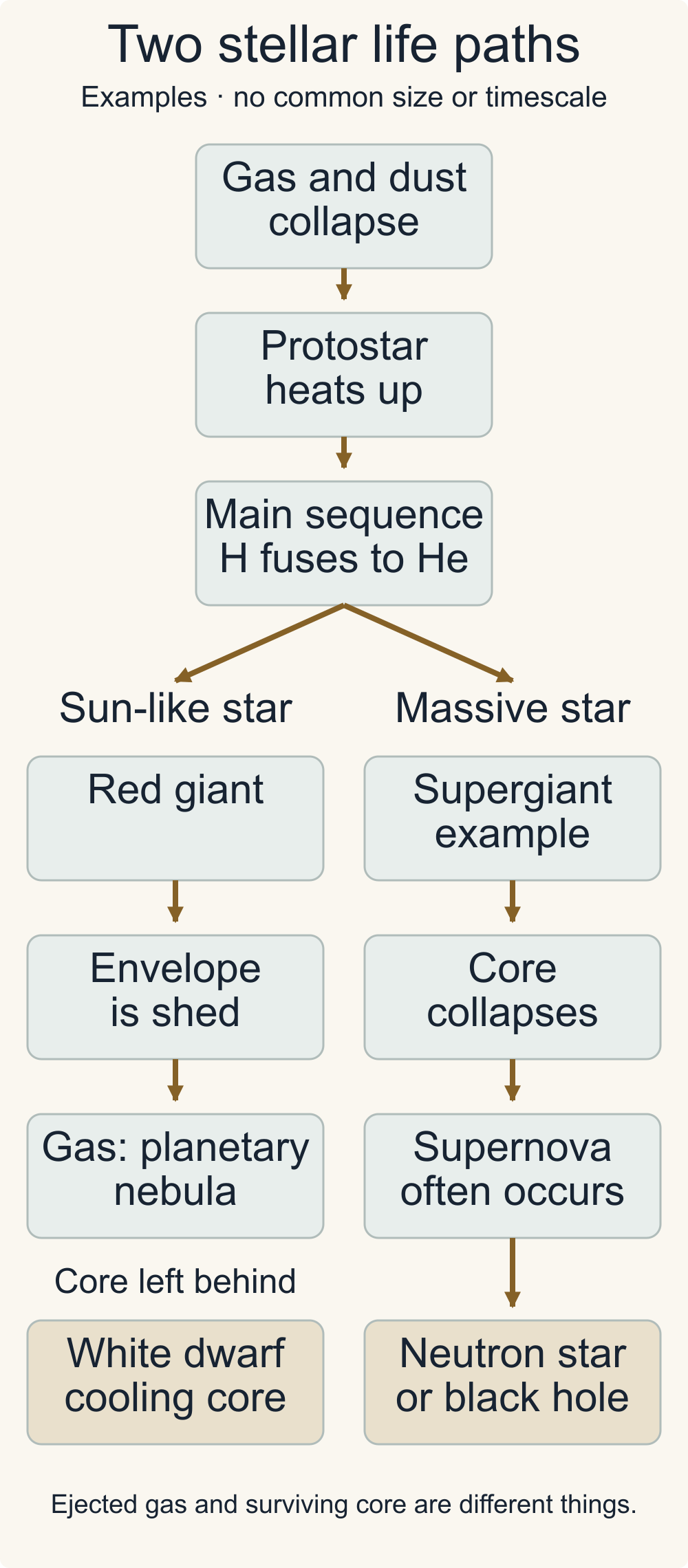 Two schematic stellar paths share gas-cloud collapse, a heating protostar and core hydrogen fusion. The Sun-like path shows a red giant shedding gas as a planetary nebula while its core survives as a cooling white dwarf. The massive-star example shows a supergiant and core collapse, often a supernova, with a neutron star or black hole remnant.