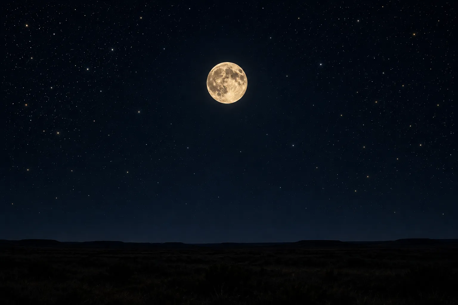 A single full Moon high over an unlit open landscape on a clear night.