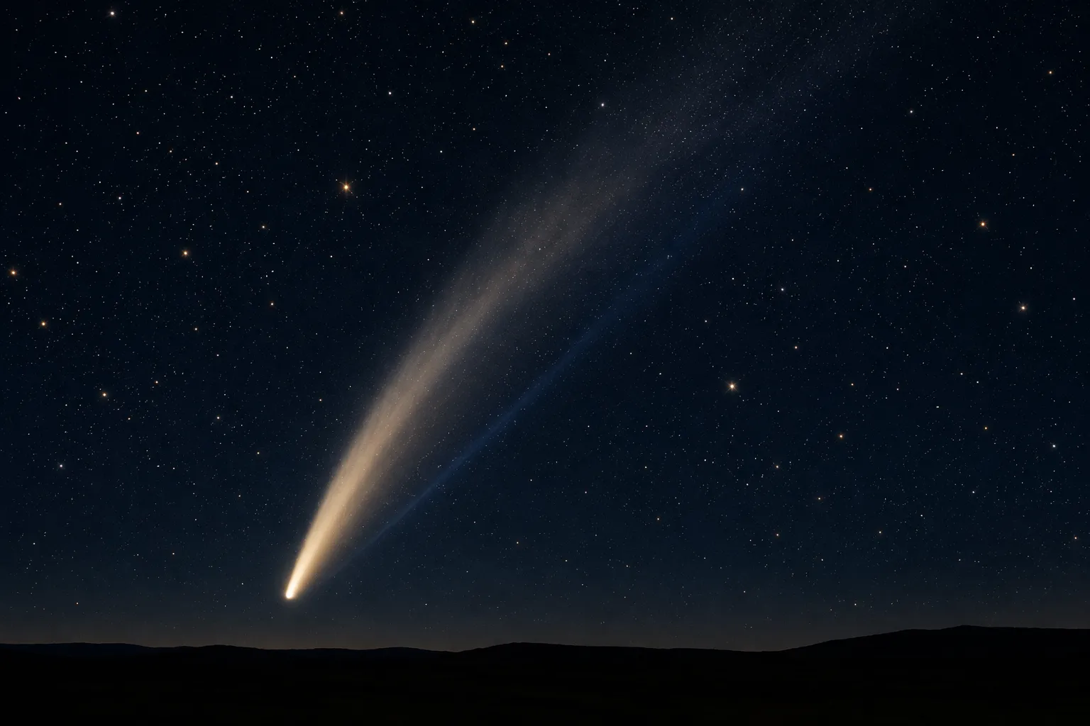 A comet with a long pale tail low over a dark landscape.
