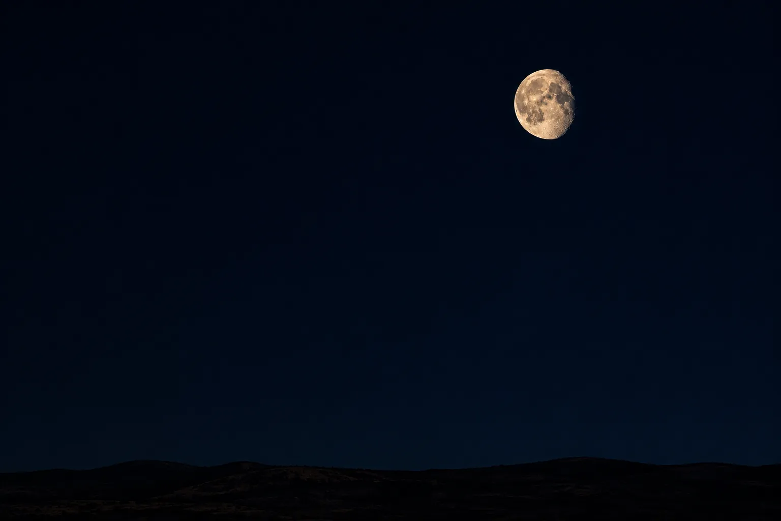 The Moon as a bright disc above a dark horizon.