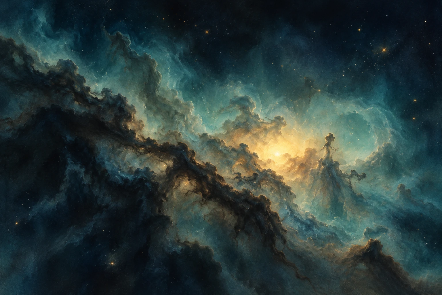 An artistic stellar nursery of dark dust folds and soft teal gas around a warm gold glow, with scattered distant points of starlight.