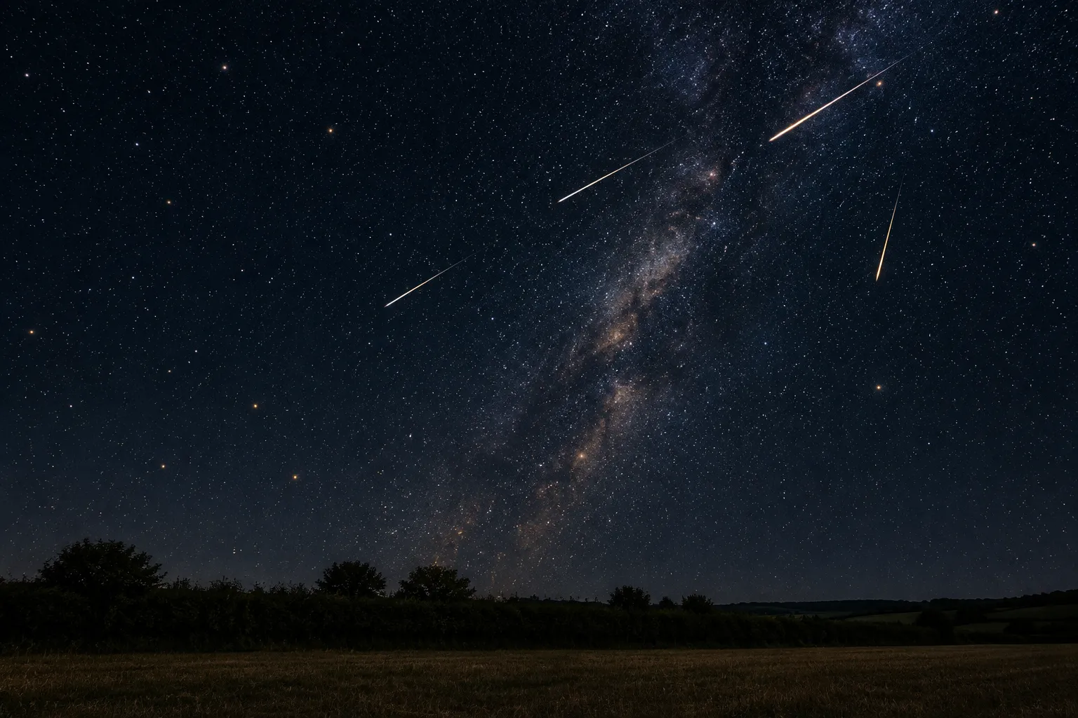 Several thin meteor streaks crossing a dark late-summer sky over open countryside.