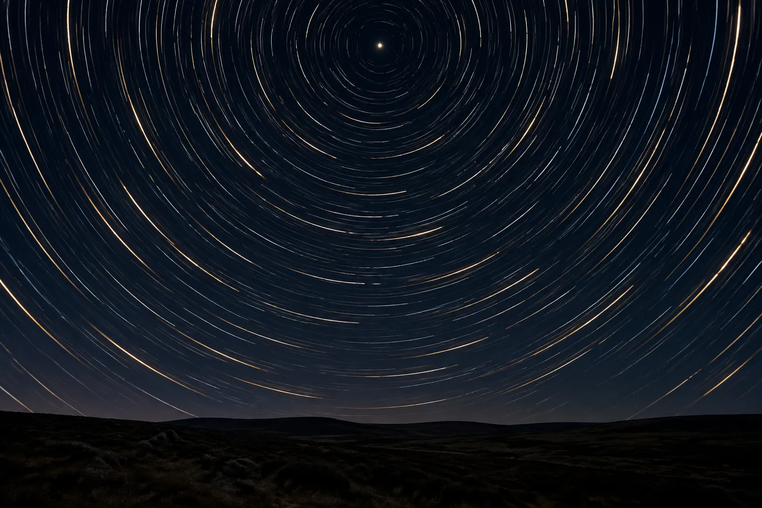 The night sky turning around a single fixed star above a dark horizon.