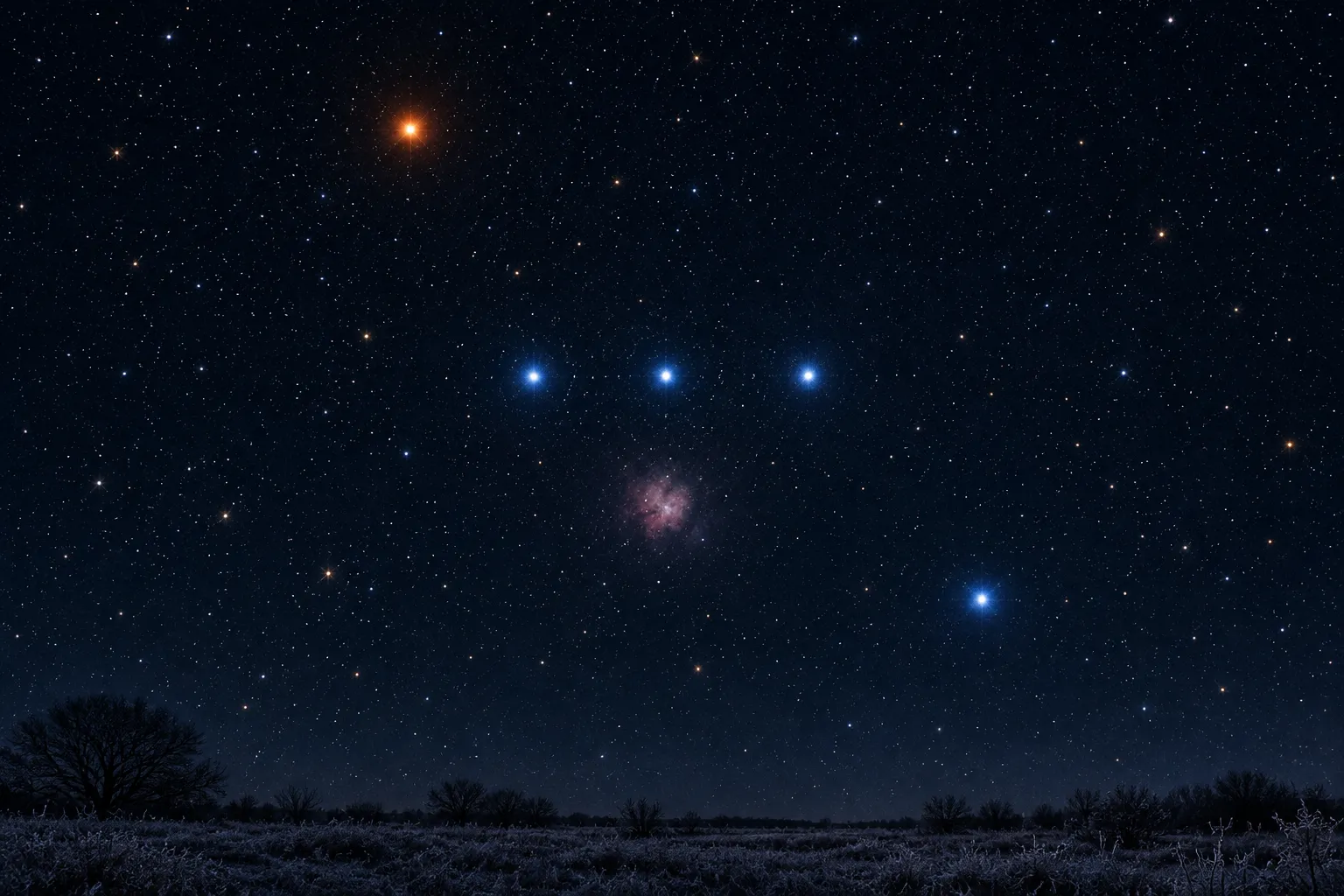 Three bright stars in a row above a dark winter horizon.