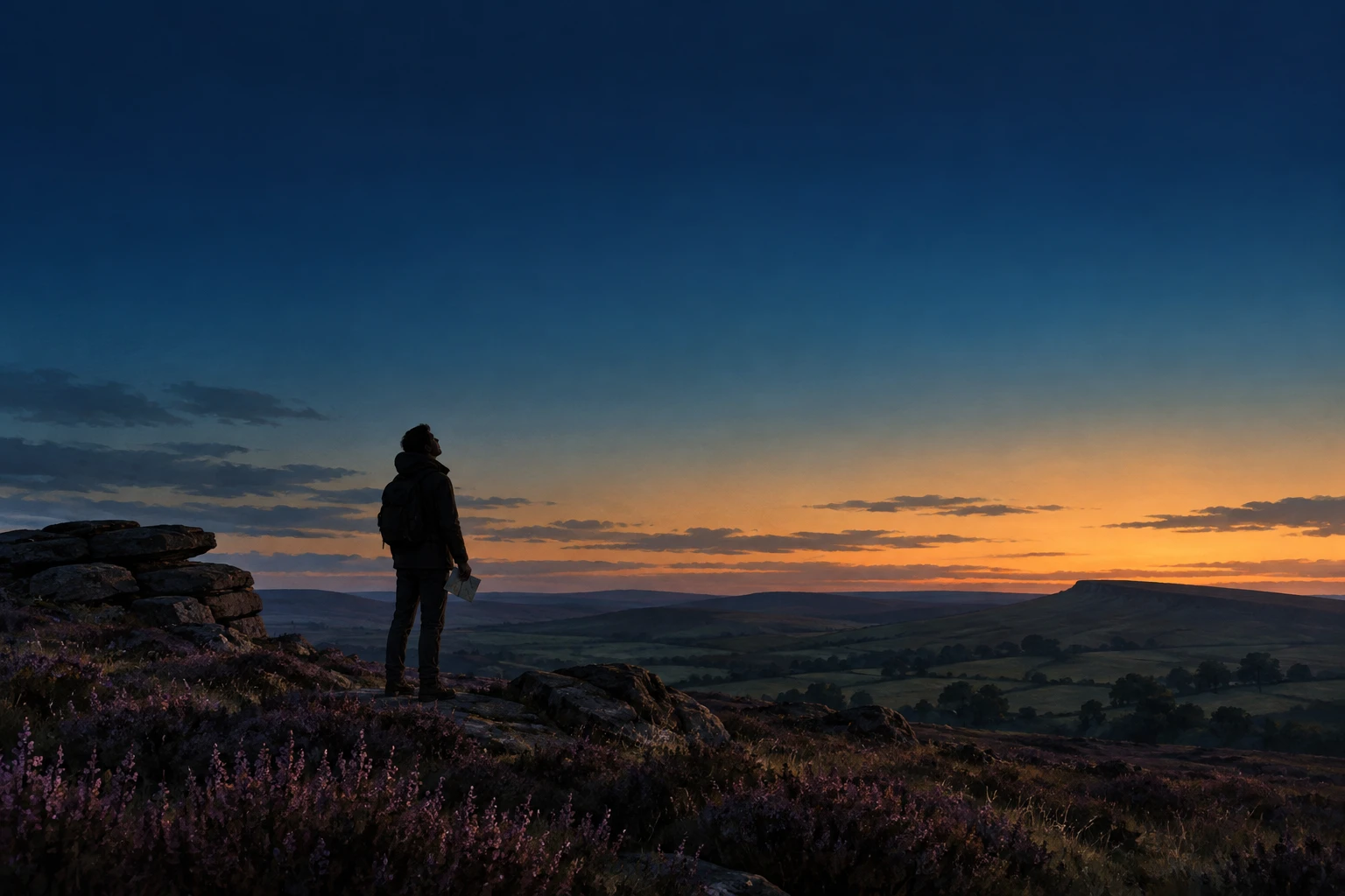An illustrated stargazer with a folded chart on a British moor at dusk, beneath a smooth starless sky.