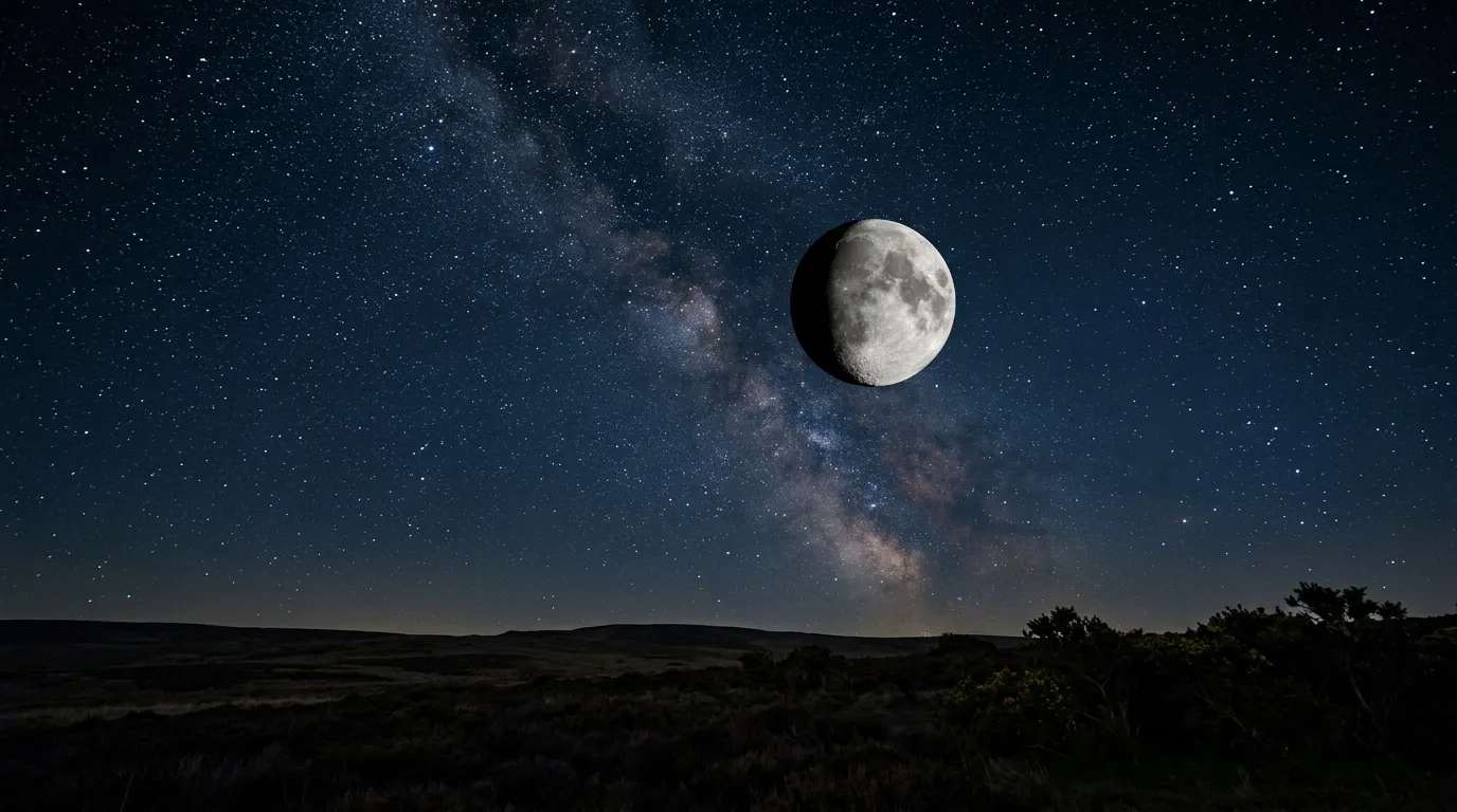 A waxing gibbous Moon and a field of stars over a dark moorland horizon.
