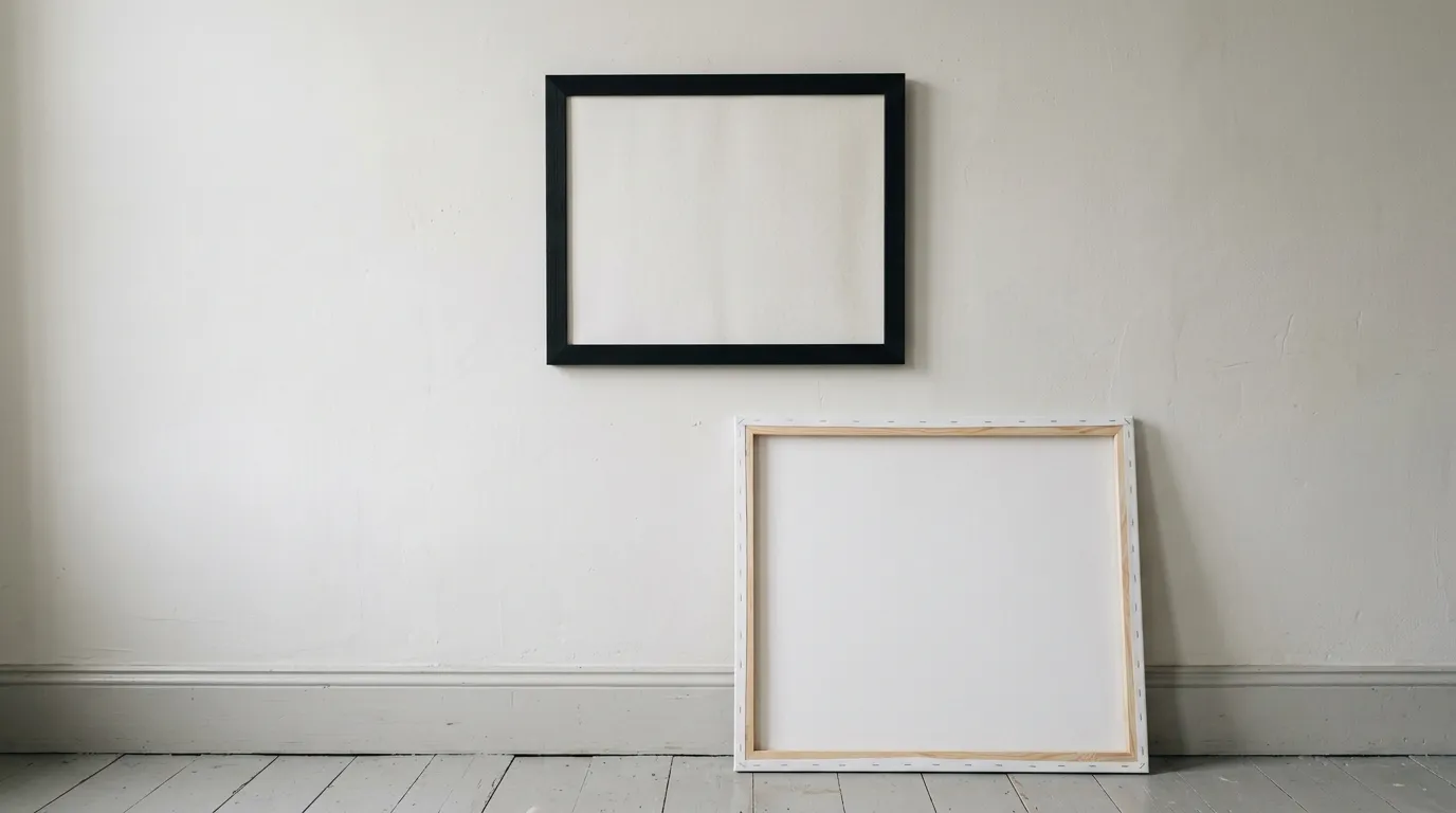 A plain black frame holding a blank sheet edge to edge on a pale wall, beside a bare stretched canvas leaning against the skirting.