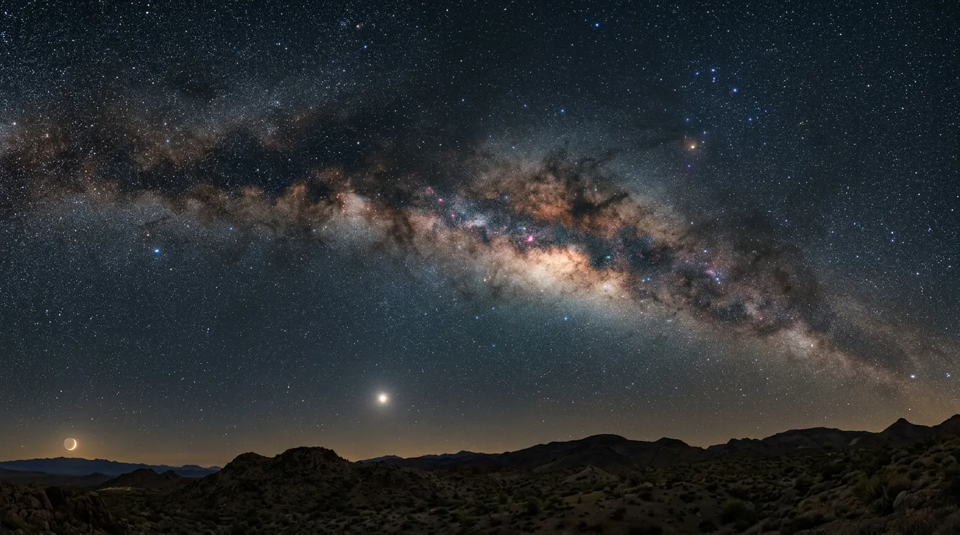 The Milky Way arching across a night sky with a faint nebula, a bright planet and a setting crescent Moon.