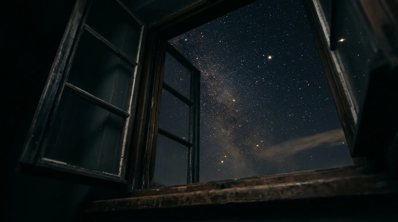 A patch of star-filled night sky seen through the dark frame of an open sash window.