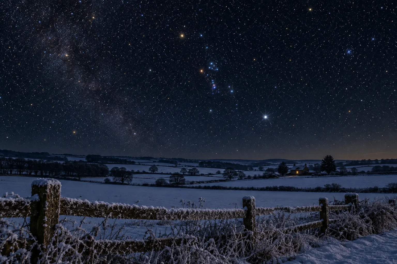 A clear winter night sky full of stars over snowy fields and a distant lit cottage window.