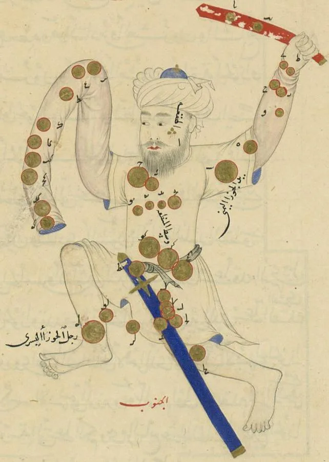 A manuscript drawing of Orion as a robed figure with his stars marked as gold circles.