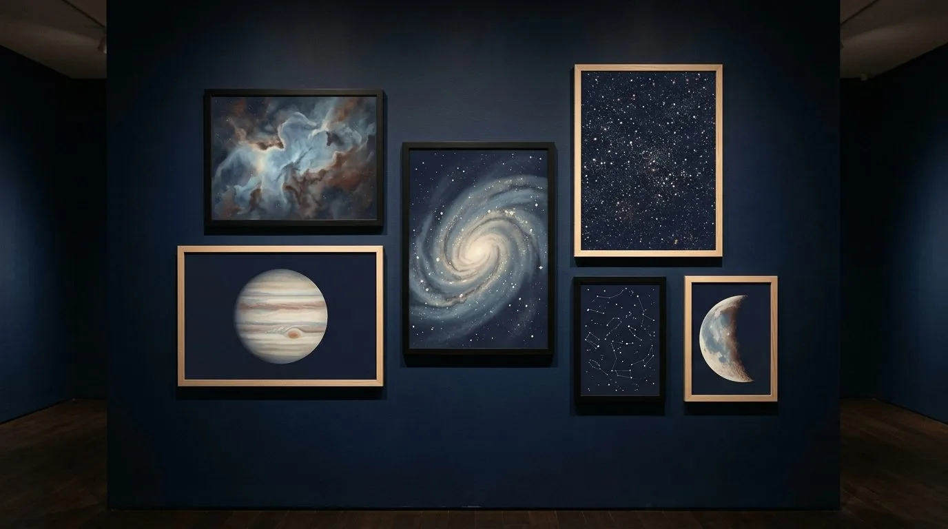 Six rectangular astronomy pictures in plain black and natural wood frames, each filling its frame edge to edge, hung on a deep navy wall.