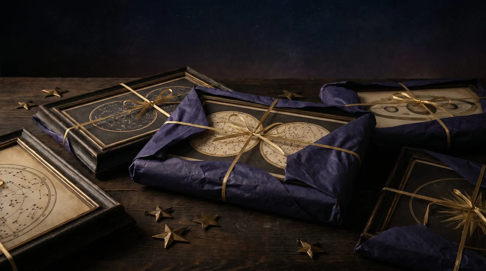 Gifts wrapped in deep blue paper and tied with gold cord on a dark table, scattered with small brass stars and an open star atlas.