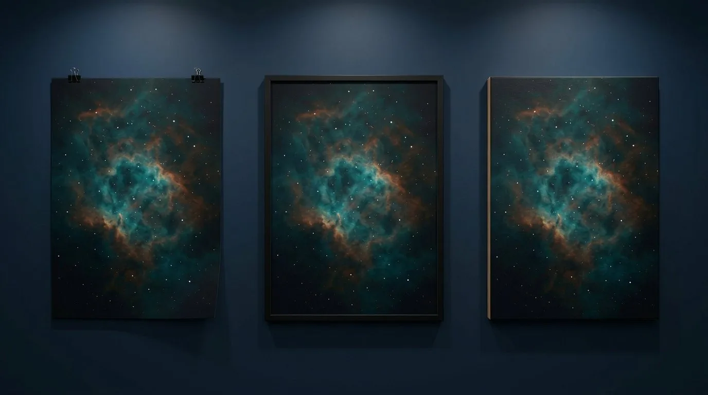 The same nebula picture shown three ways on a dark gallery wall: a loose sheet held by corner clips, a black frame holding it edge to edge, and a stretched canvas standing proud of the wall.