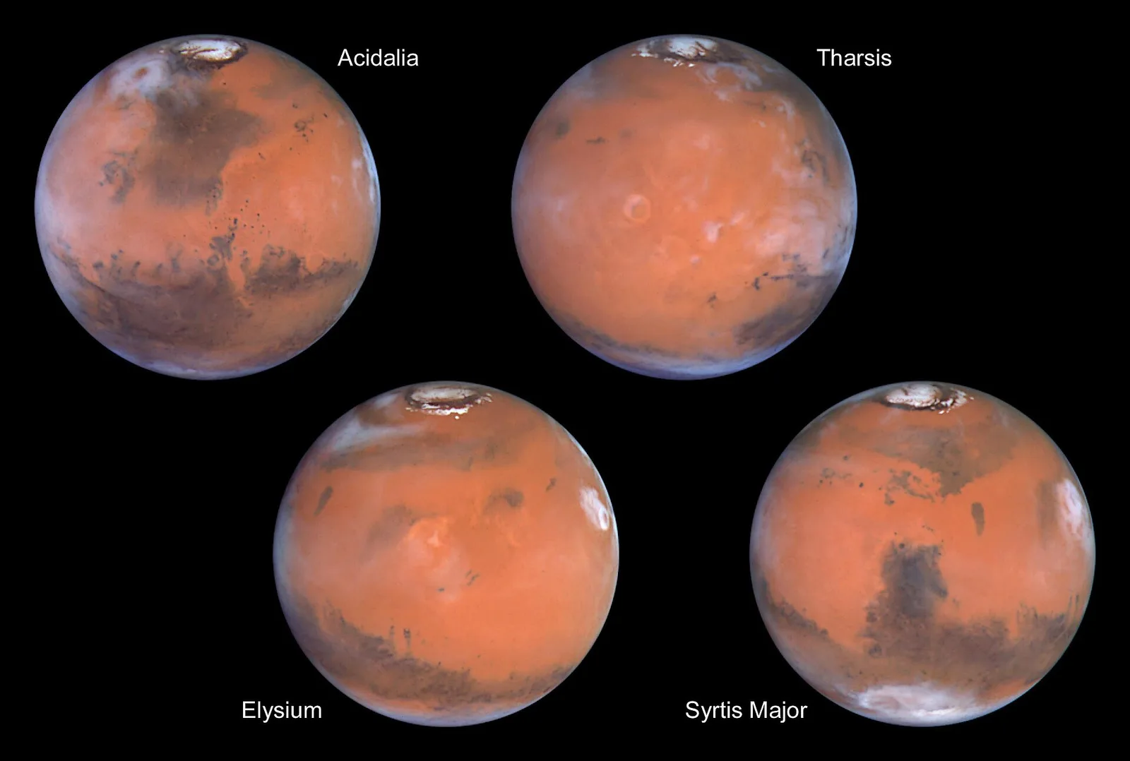 Four Hubble views of Mars turning, each labelled with a region name.