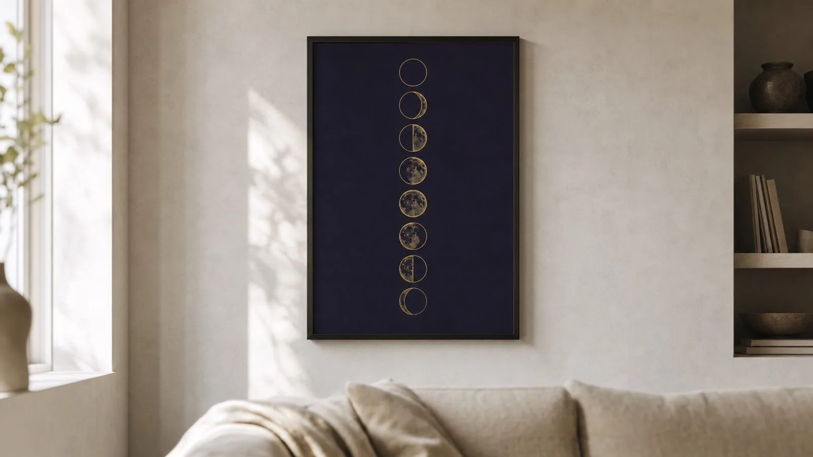 A framed moon phase print on a plaster wall above a sofa: eight phases in gold on navy, running new moon to waning crescent down the sheet.