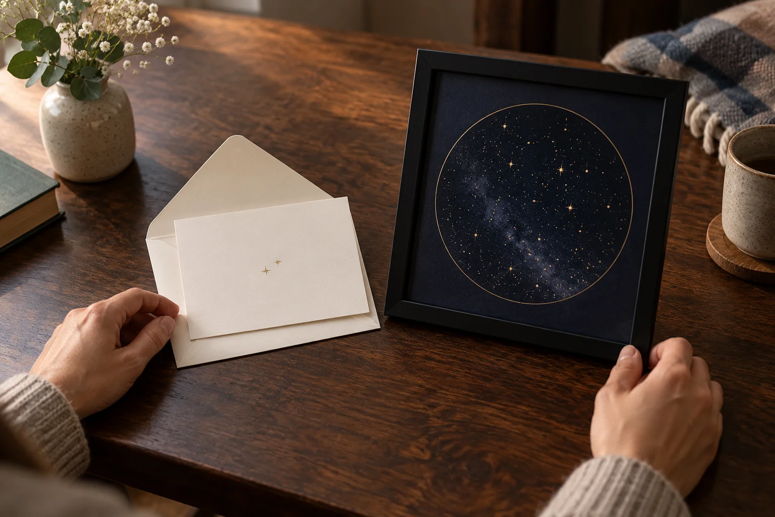 Hands considering a cream keepsake card beside a black-framed decorative circular star chart on a wooden table.