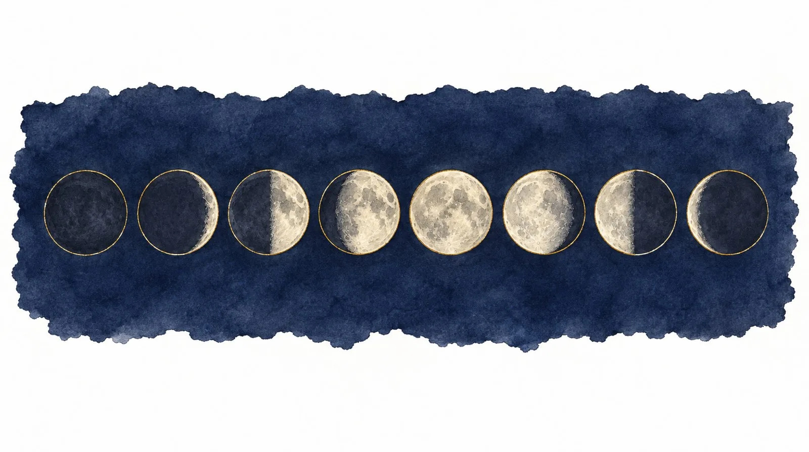 An illustrated sequence from new moon through waxing phases to full moon, then waning phases