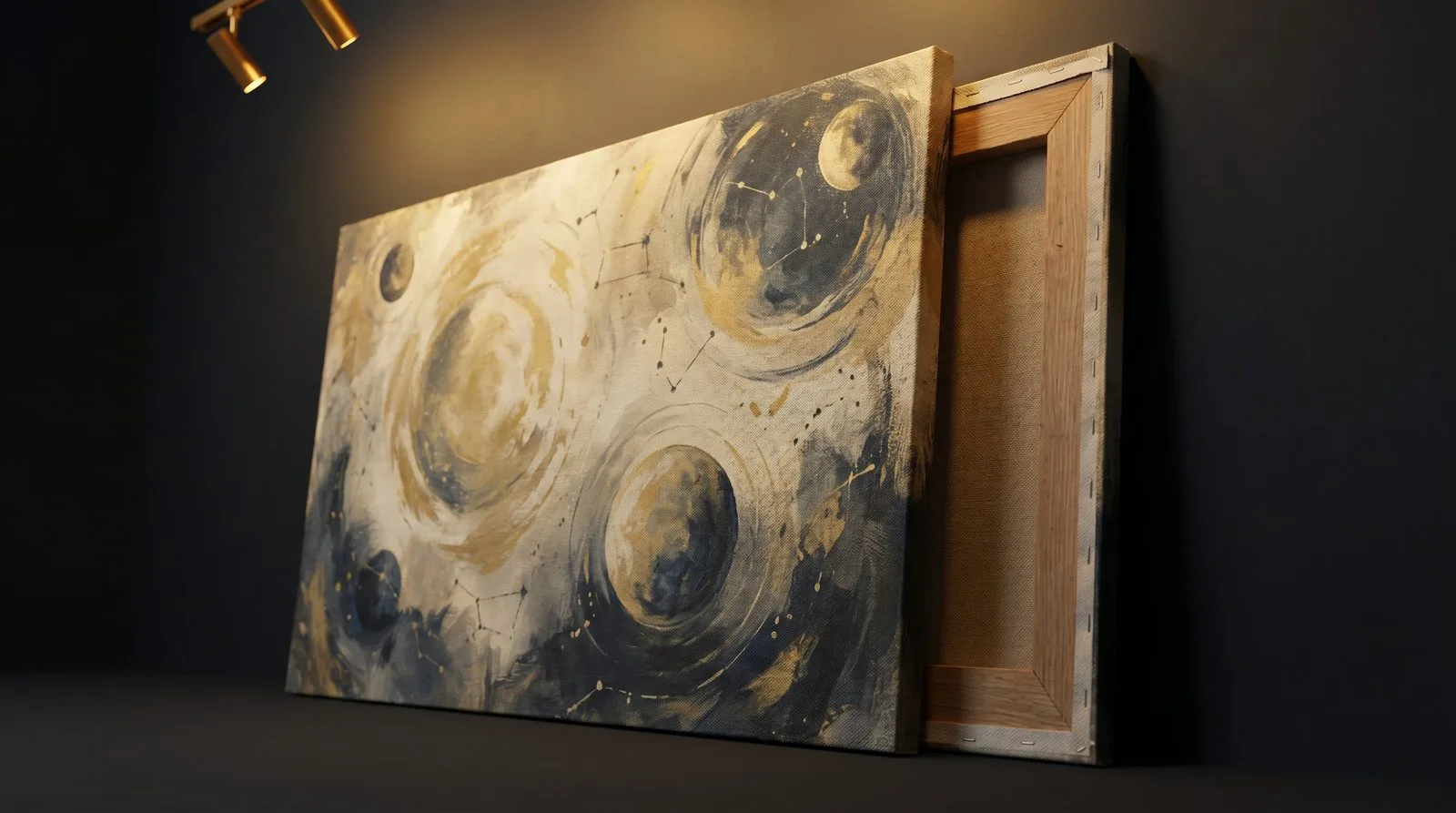 Two canvases under a gallery light: one face-on with a painted moons-and-constellations image, one turned to show the wooden stretcher bars behind it.