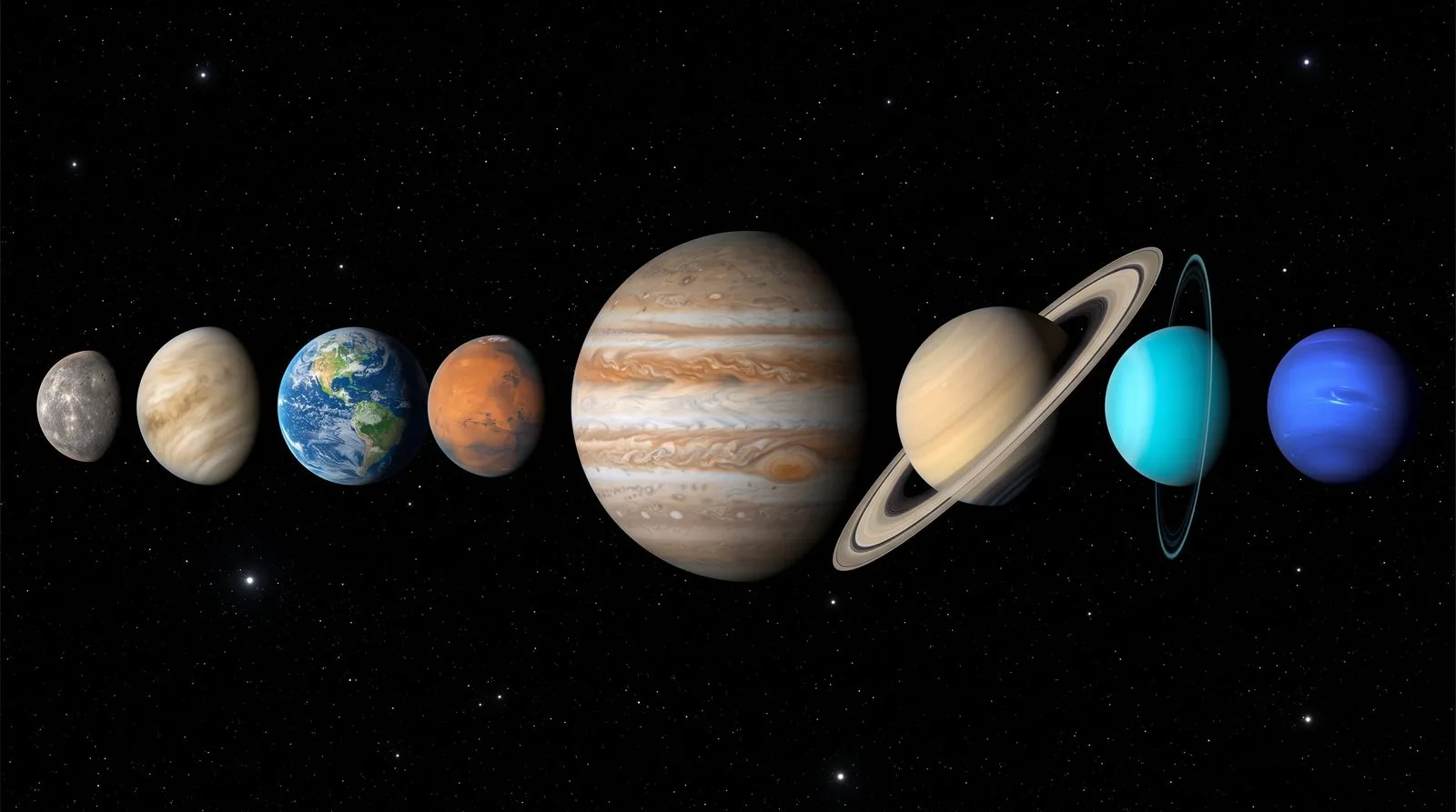 The eight planets of the solar system in a row in order from the Sun, Mercury through Neptune, on a black star field.