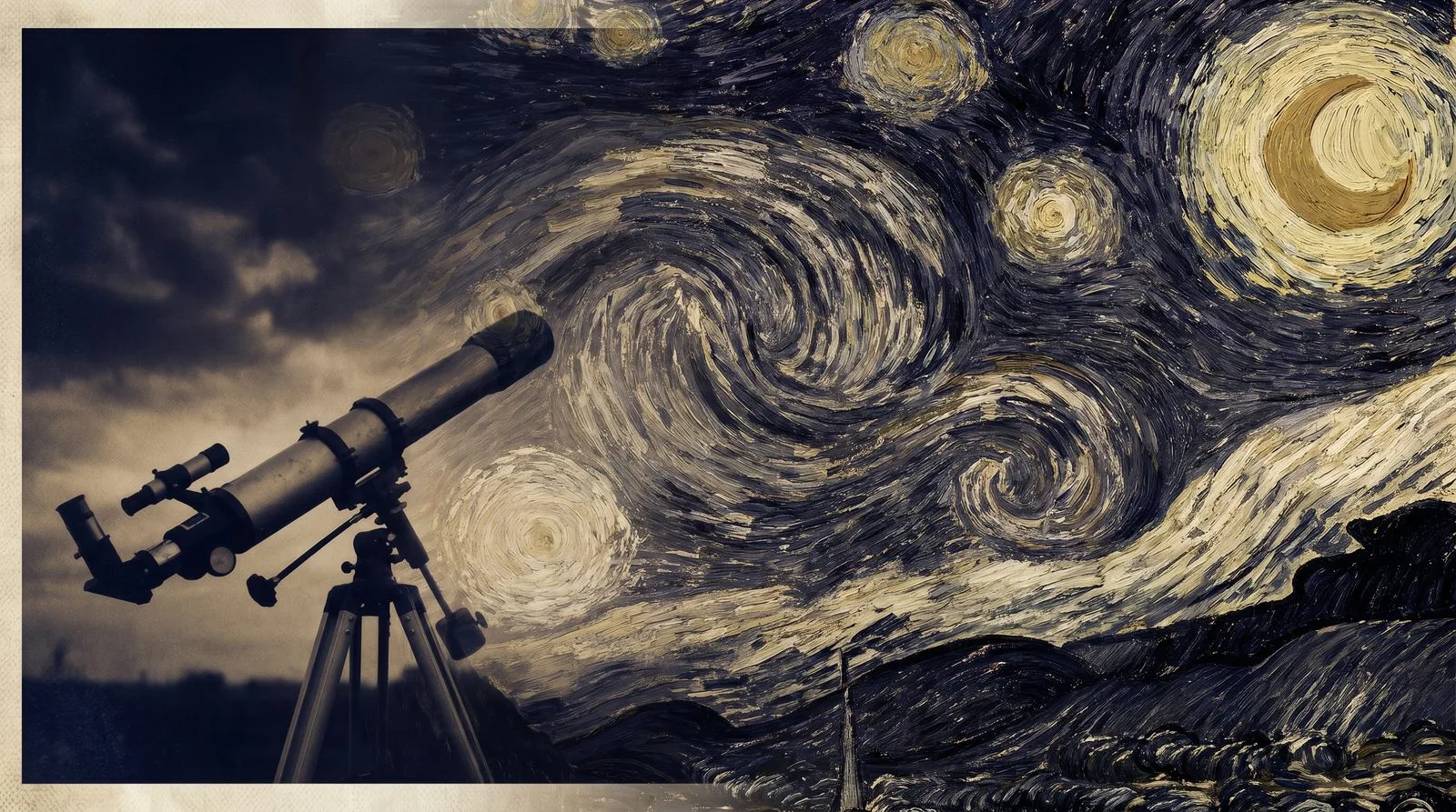 A photograph of a telescope on a tripod at dusk on the left, dissolving on the right into a thickly painted swirling night sky in the post-impressionist style.