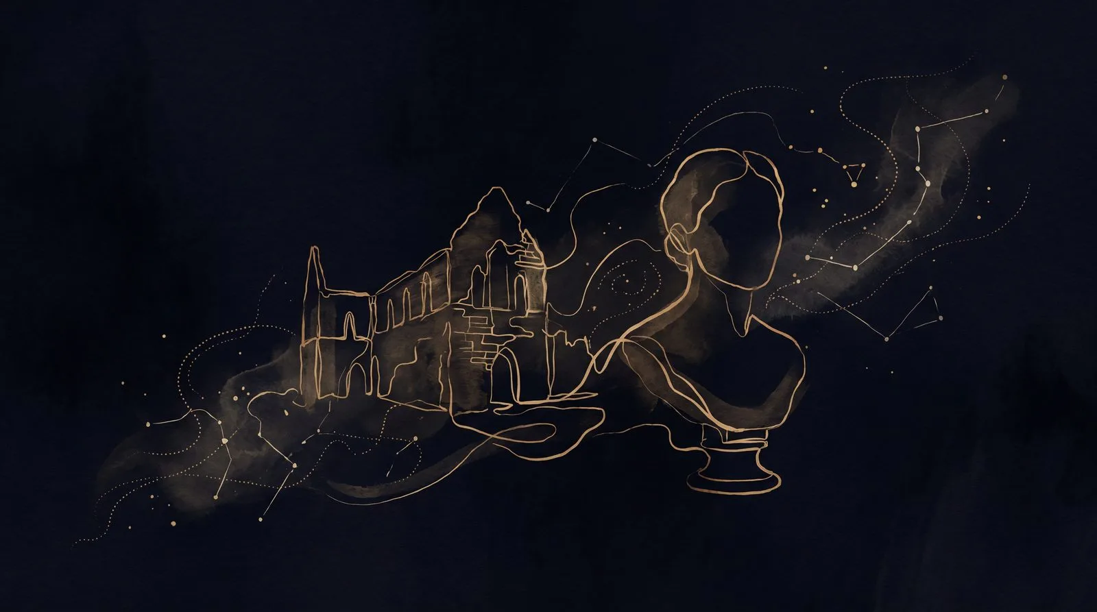 A single continuous gold line on near-black, tracing a ruined abbey and a portrait bust, with faint constellation dots and joining lines around them.