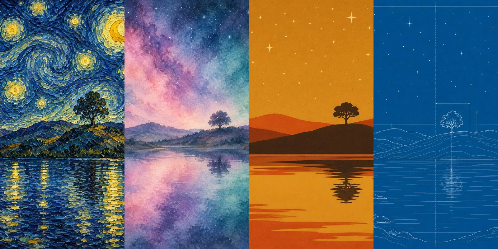 One night landscape shown four times side by side: swirling impasto in the post-impressionist style, a soft nebula watercolour, a flat ochre retro poster, and white line work on blueprint blue.