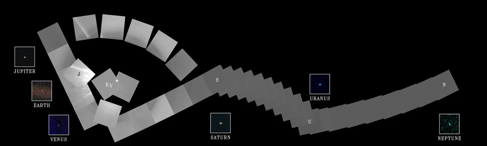 A long mosaic of grey frames across black space with small inset images of six planets.